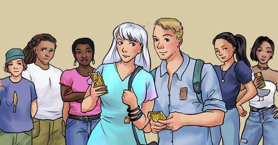 Escape Room Es war einmal im Netz ... Gezeichnete Figuren von Schülerinnen und Schülern, die Smartphones in hölzerner Optik in der Hand halten