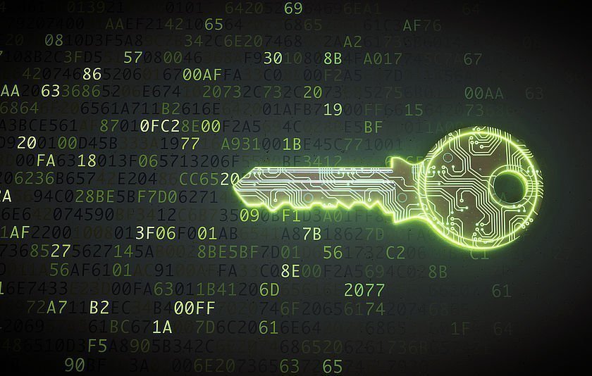 Digital animierter Schlüssel vor digitalem Hintergrund Digital und neon-grün animierter Schlüssel vor schwarzem Hintergrund.