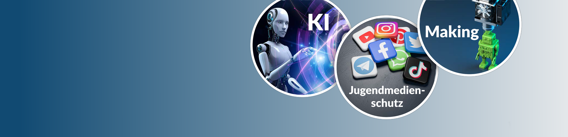 Medientag Münsingen Die Grafik zeigt drei Blasen: In der ersten Blase befindet sich ein menschenähnlicher Roboter mit der Überschrift "KI". In der zweiten Blase sind viele Social-Media-Symbole zu sehen mit der Überschrift "Jugendmedienschutz". In der dritten Blase ist eine roboterähnliche grüne Figur zu sehen, die von einem 3D-Drucker gefertigt wird, mit der Überschrift "Making".