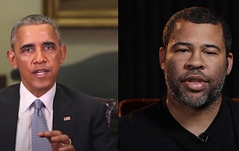 Face Swap Jordan Peele und Barack Obama Barack Obama ist in einem Videoausschnitt neben einem separaten Videoausschnitt von Jordan Peele zu sehen.