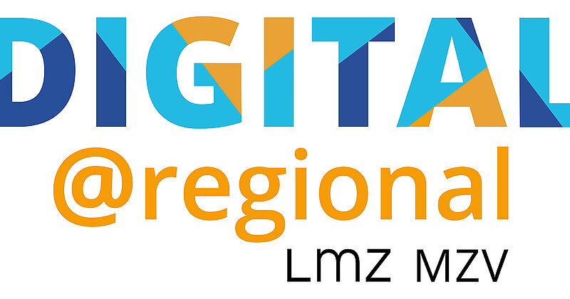 Das Logo von digital@regional zeigt den Schriftzug "DIGITAL" in großen, farbigen Buchstaben mit Blautönen. Darunter steht "@regional" in orangefarbener Schrift. Unter "@regional" befinden sich die Buchstaben "LmZ MZV" in schwarzer Schrift.