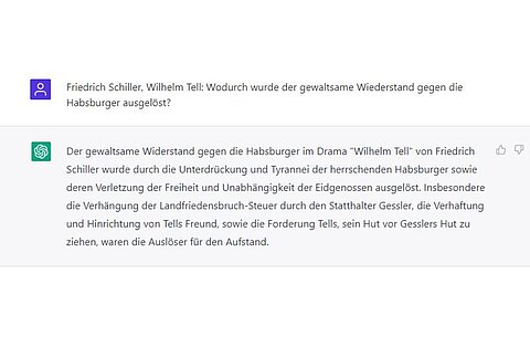 Chat mit dem KI Chatbot ChatGPT Ein Screenshot aus einem Ausschnitt mit dem Chatbot ChatGPT, in dem es um das Buch Wilhelm Tell von Schiller geht
