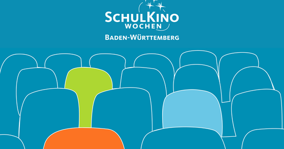 SchulKinoWoche 2026 Gezeichnete, weiße Kinoreihen auf azurblauem Hintergrund. Oben mittig ist das SchulKinoWochen-Logo mit vier Stenen zu sehen.