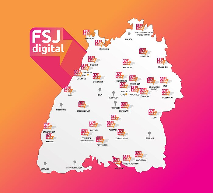 FSJ digital Einsatzstellen Weiße Landkarte von Baden-Württemberg auf einem pink-orangenem Farbverlauf, die die Einsatzorte des FSJ digital zeigt. Oben links ist das Logo des FSJ digital zu sehen.