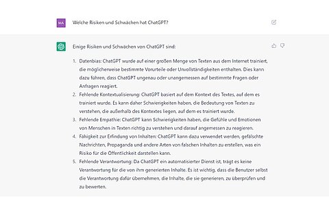 Die Schwächen und Risiken von ChatGPT Ein Screenshot aus dem Chat mit dem Chatbot ChatGPT, in dem er seine Schwaechen und Risiken nennt