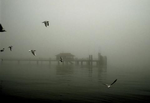 Schwarz-weiß Foto. Ein Steg im Nebel in Immenstaad. Aufnahmejahr: 1982.