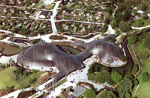 Luftaufnahme von der Gartenschau in Mannheim 1975, Foto von oben