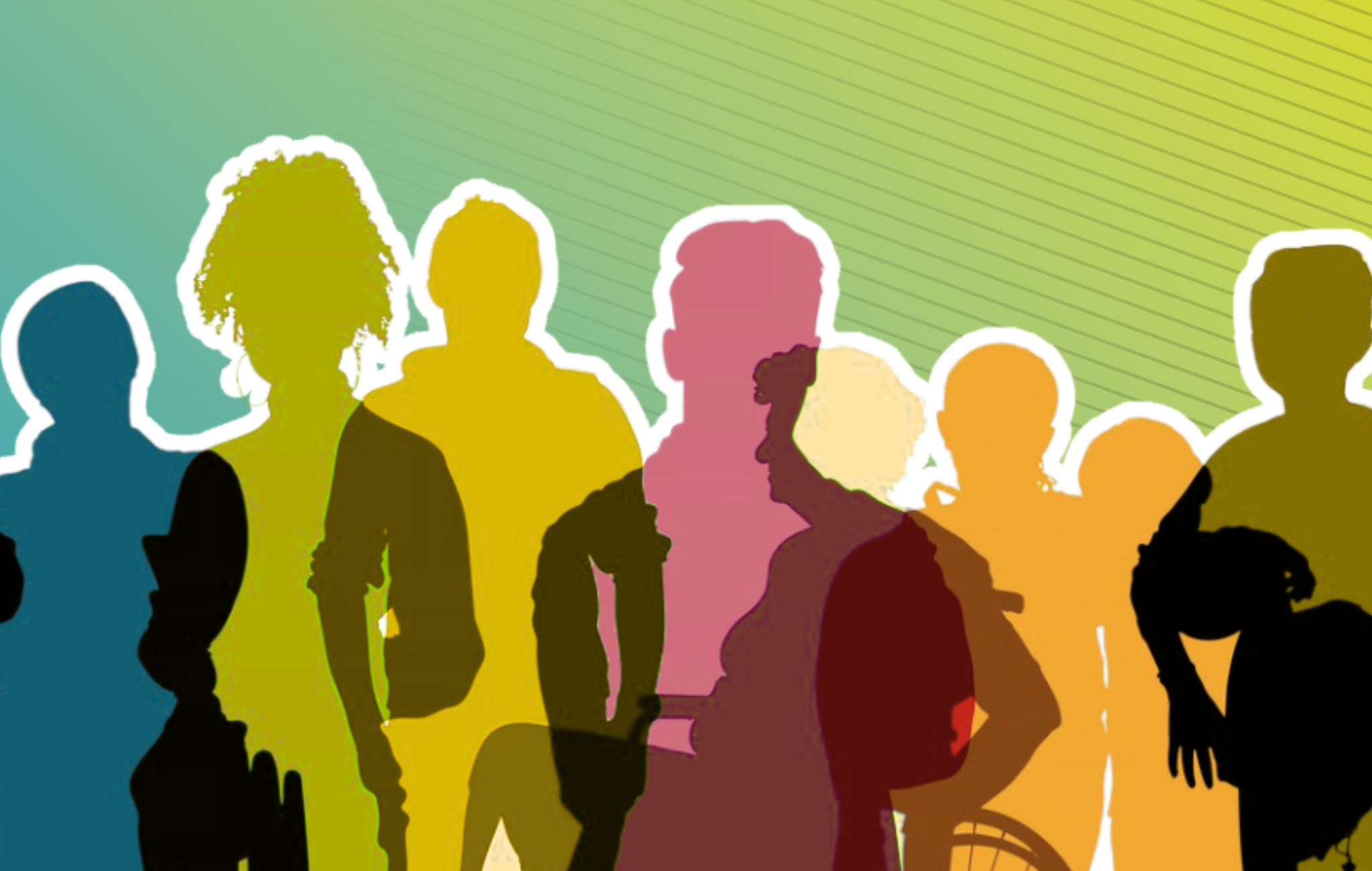 Demokratiebildung Die Grafik zeigt die bunt eingefärbten Silhouetten von verschiedenen erwachsenen Menschen und Kindern sowie von einer Person im Rollstuhl.